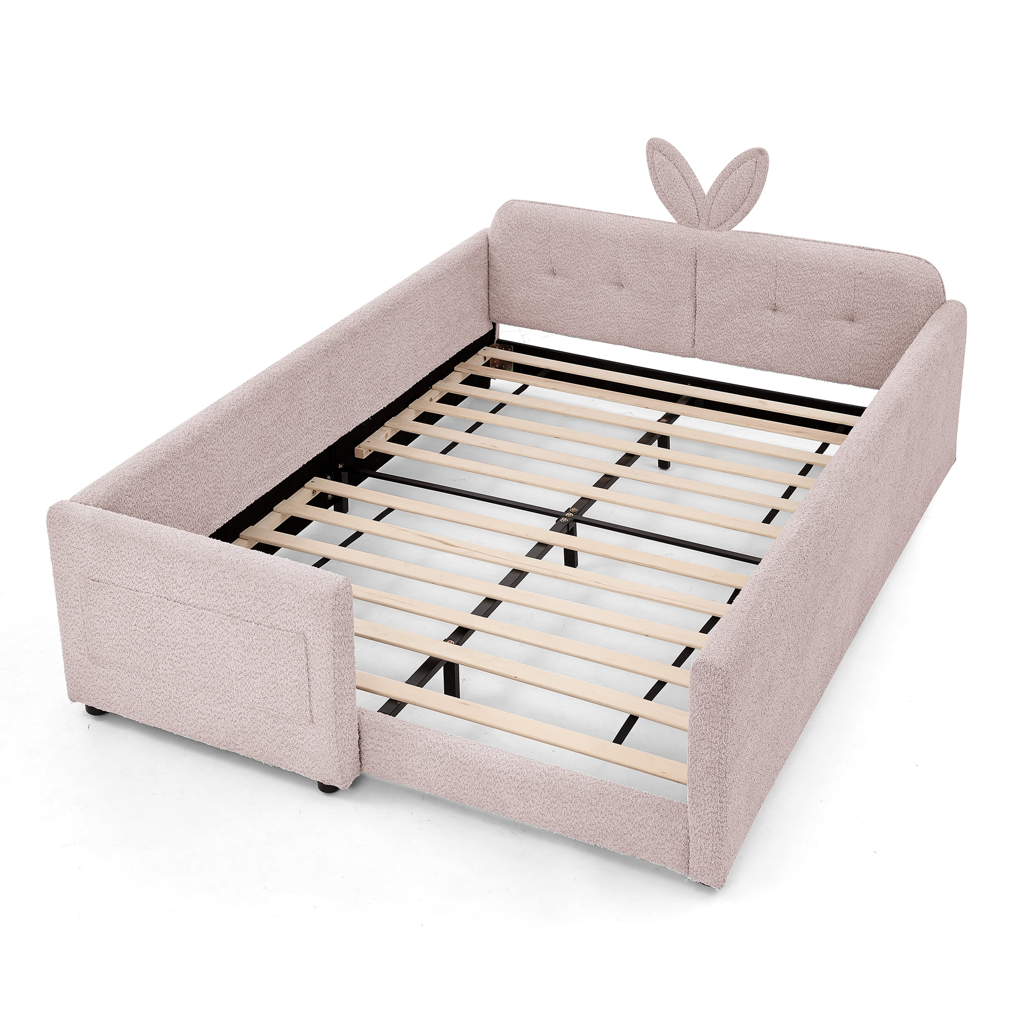 GARITIN Full Size Upholstered Platform Bed, Rabbit Ear Shaped Headboard with Safety Rail and Pocket for Kids Room, Pink