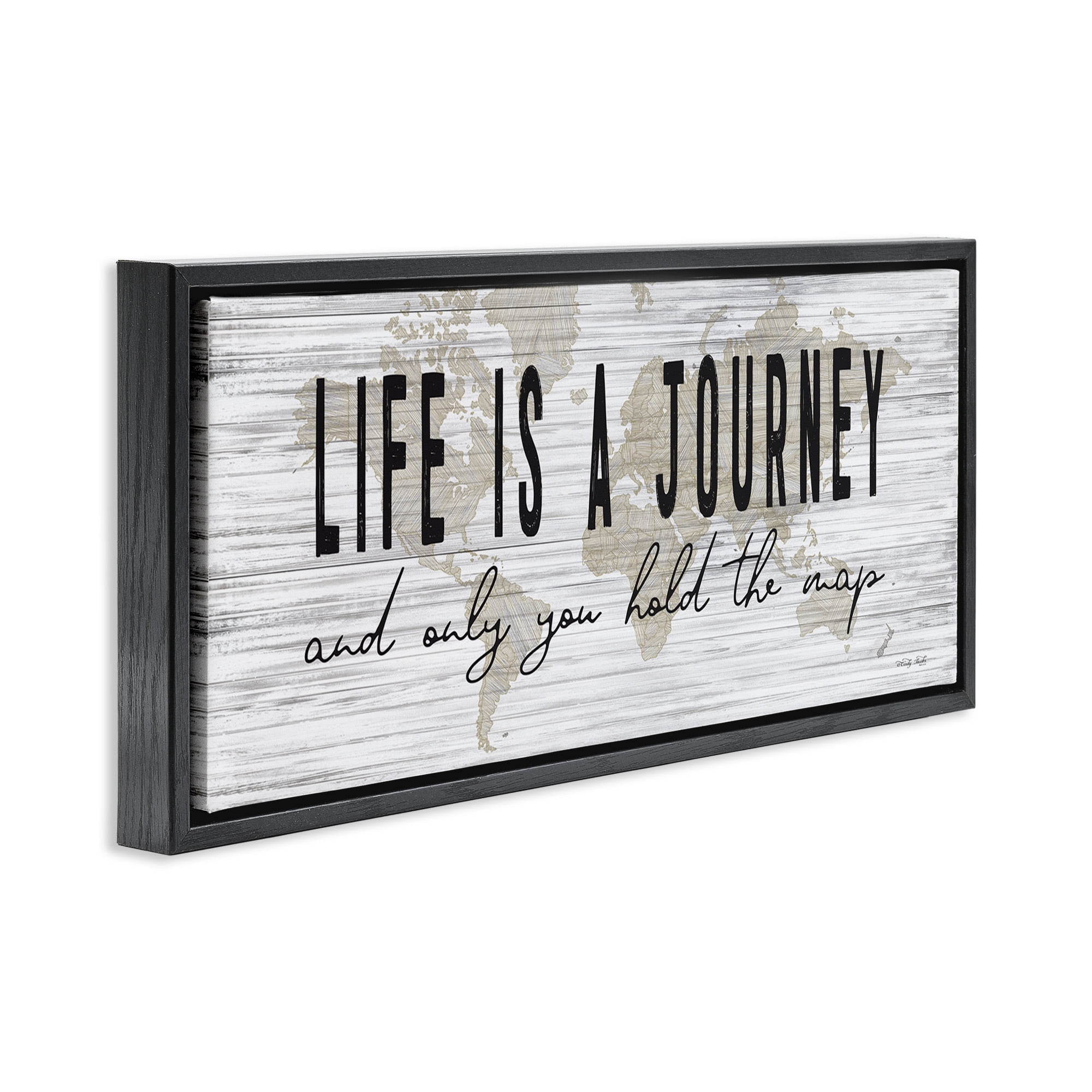 Stupell Industries Life Is a Journey Rustic World Map Inspirational Painting Black Floater Framed Canvas Art Print Wall Art, 25 x 11