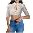 thumbnail image 3 of Fashion Women's Casual Lace Solid Color Short Sleeve V-Neck Blouses Shirts, 3 of 4