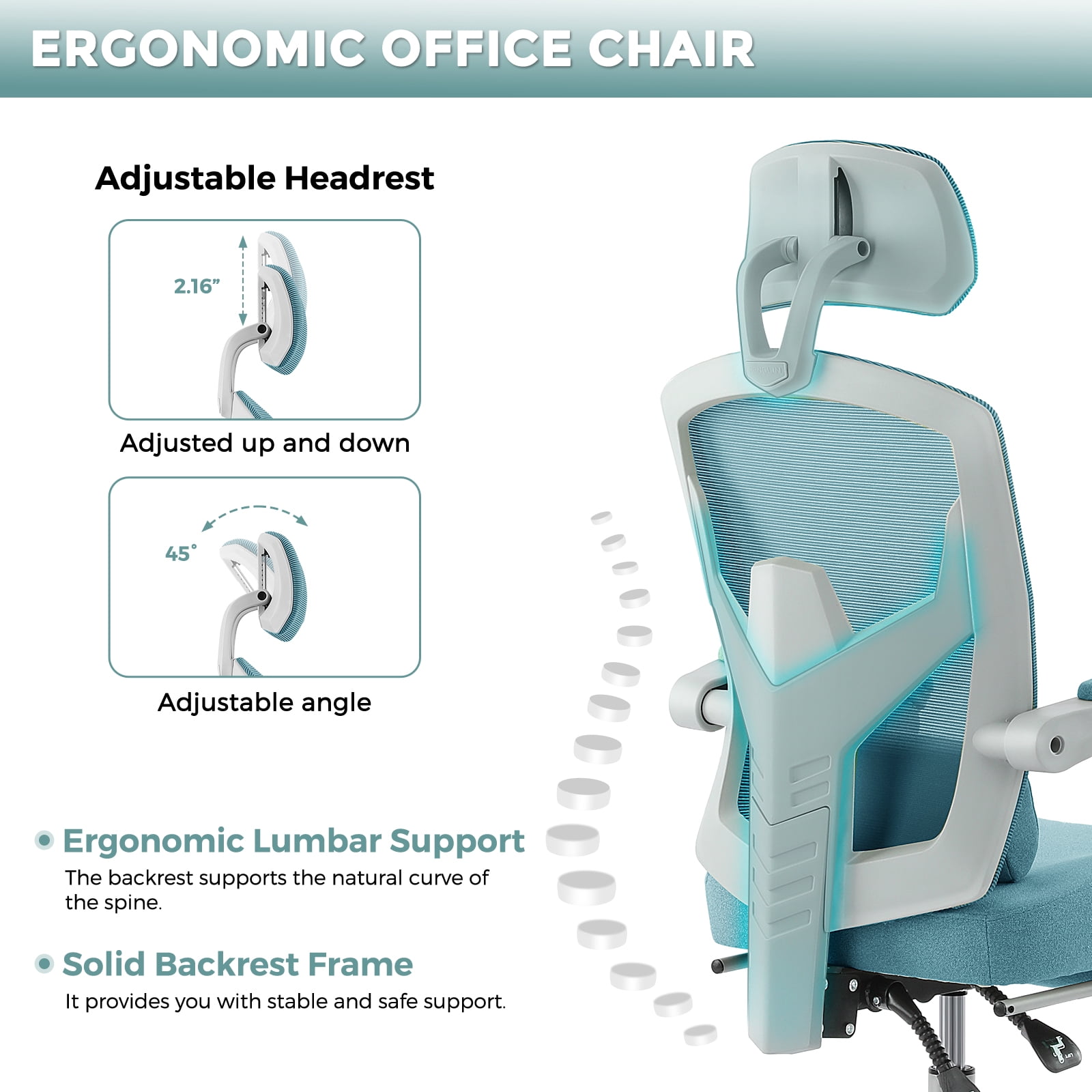 JOINSUN High Back Mesh Office Chair, Ergonomic Lumbar Support, Headrest, Footrest for Home, Blue
