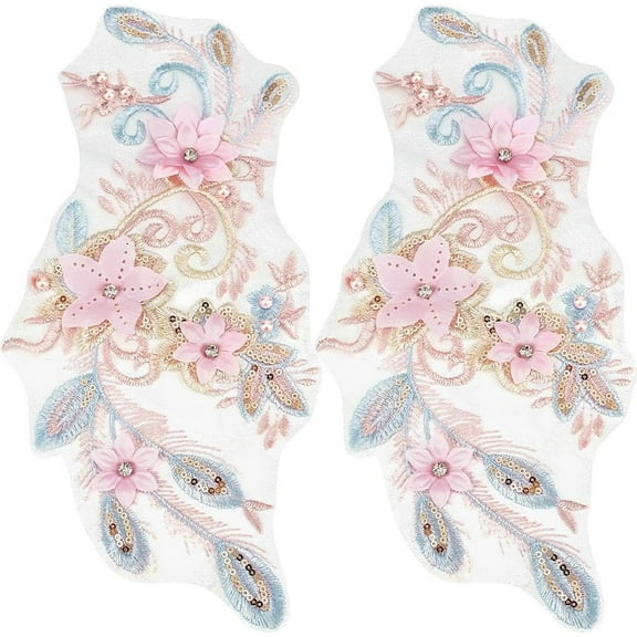 2Pcs 3D Floral Embroidery Applique Rhinestone Embroidered Beaded Sequin Lace Appliques Polyester Pink Flower Sew on Tulle Patches for Sewing Making Clothes Dresses Gowns Wedding Craft Supply