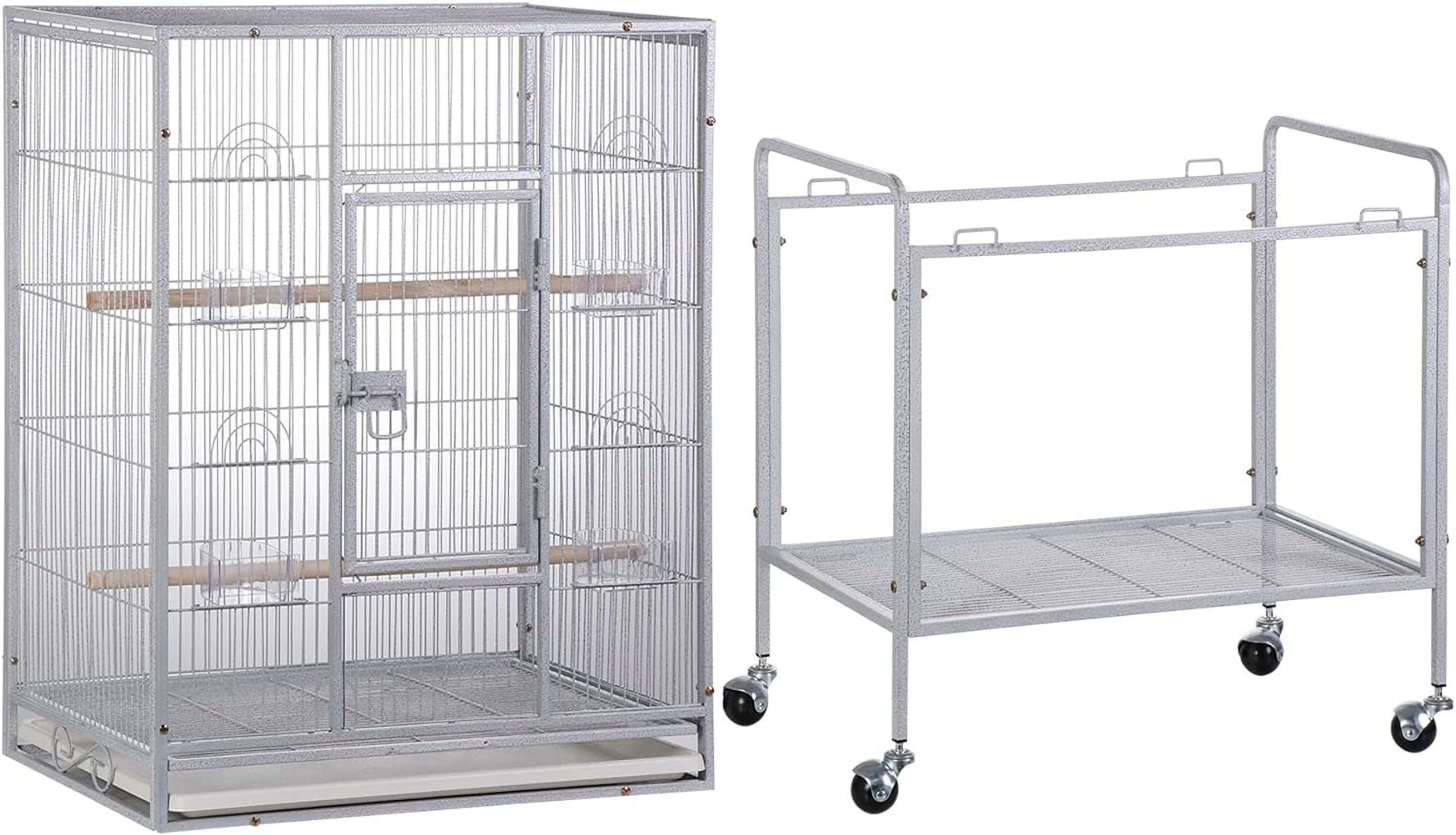 53-Inch Rolling Bird Cage, Wrought Iron Large Cage with Stand and Storage Shelf for Parrots, Cockatiels, Parakeets, and Macaws (White)