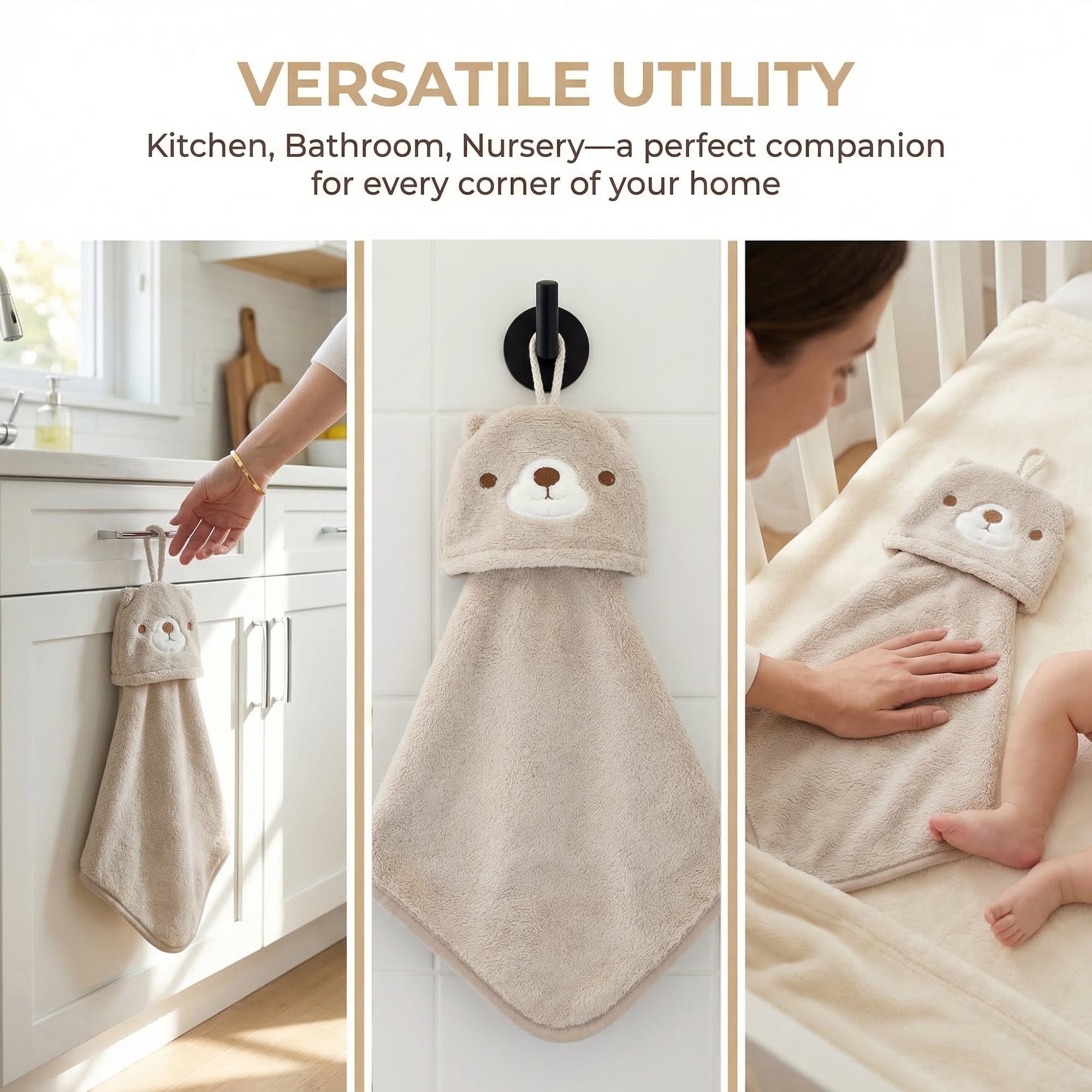 Unique Bargains Animal Hanging Soft Absorbent Hand Towel Brown Bear 15" x 8"
