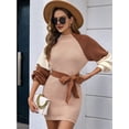 thumbnail image 6 of Women Colorblock Slim-Waist Knitted Bodycon Long Sleeve Fall Winter Casual Elegant Midi Sweater Dress Camel Color XL, 6 of 9