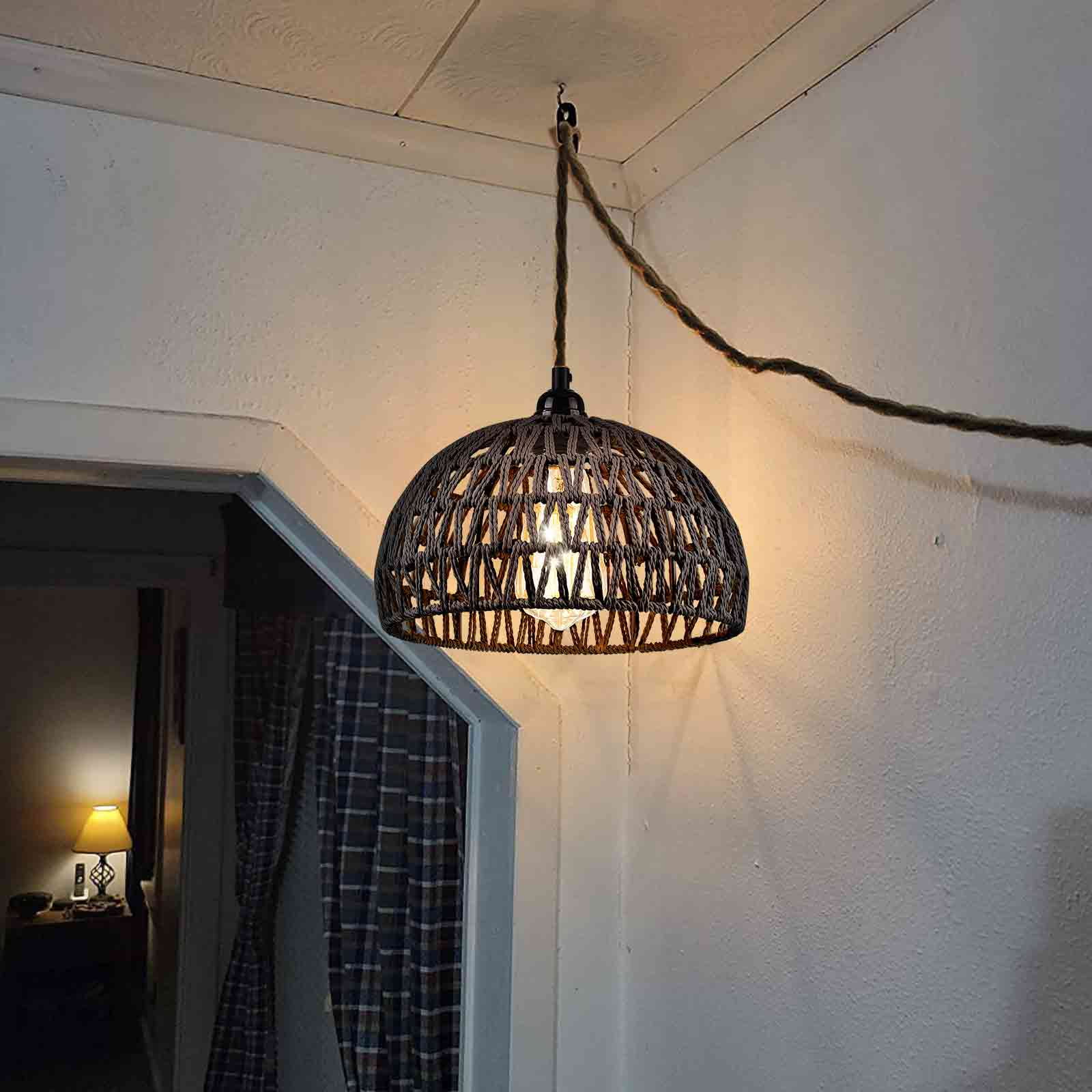 IC INSTANT COACH 1-Light Pendant Light, Dense Paper Birch Woven Basket Chandelier with Twist Hemp Hanging Cord E26 Plug in Coastal Pendant Light Fixtures for Dining Room Living Room Kitchen Island Foy