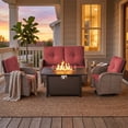 thumbnail image 2 of Patiobula Patio Furniture Set with Propane Fire Pit Table, 5 Pieces Outdoor Sectional Couch, Gray Wicker Rattan Conversation Loveseat Glider with Swivel Chair for Garden Backyard Deck, Red, 2 of 15