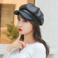 thumbnail image 3 of Clearance! Fdelink Beret Hat Winter Hats Women's Beret Leather Solid Color Versatile Painter Hat Spring Octagonal Hat Black, 3 of 8