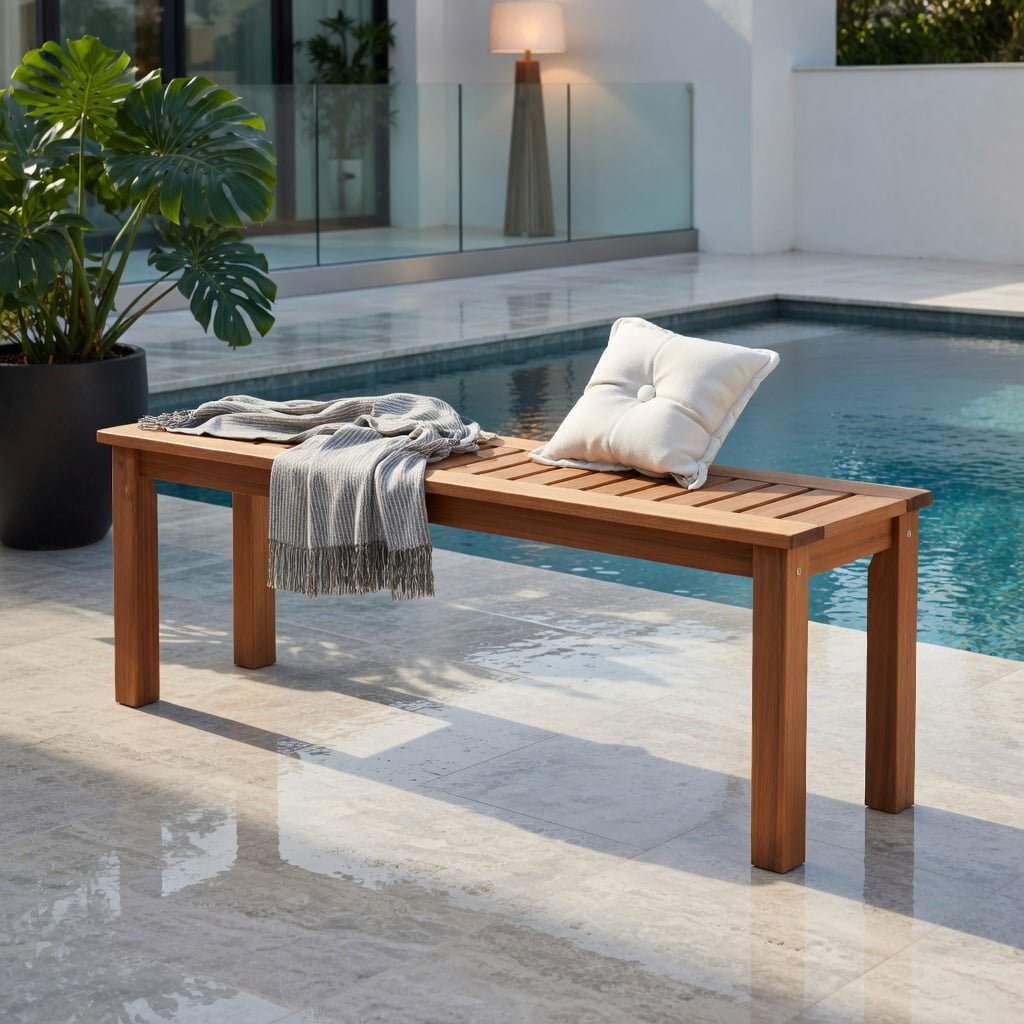 Hommoo 47" Teak Wood Patio Bench for 2 People, Solid Wood Outdoor Garden Bench with Slatted Seat, Weather-Resistant Finish, Easy Assembly, Natural