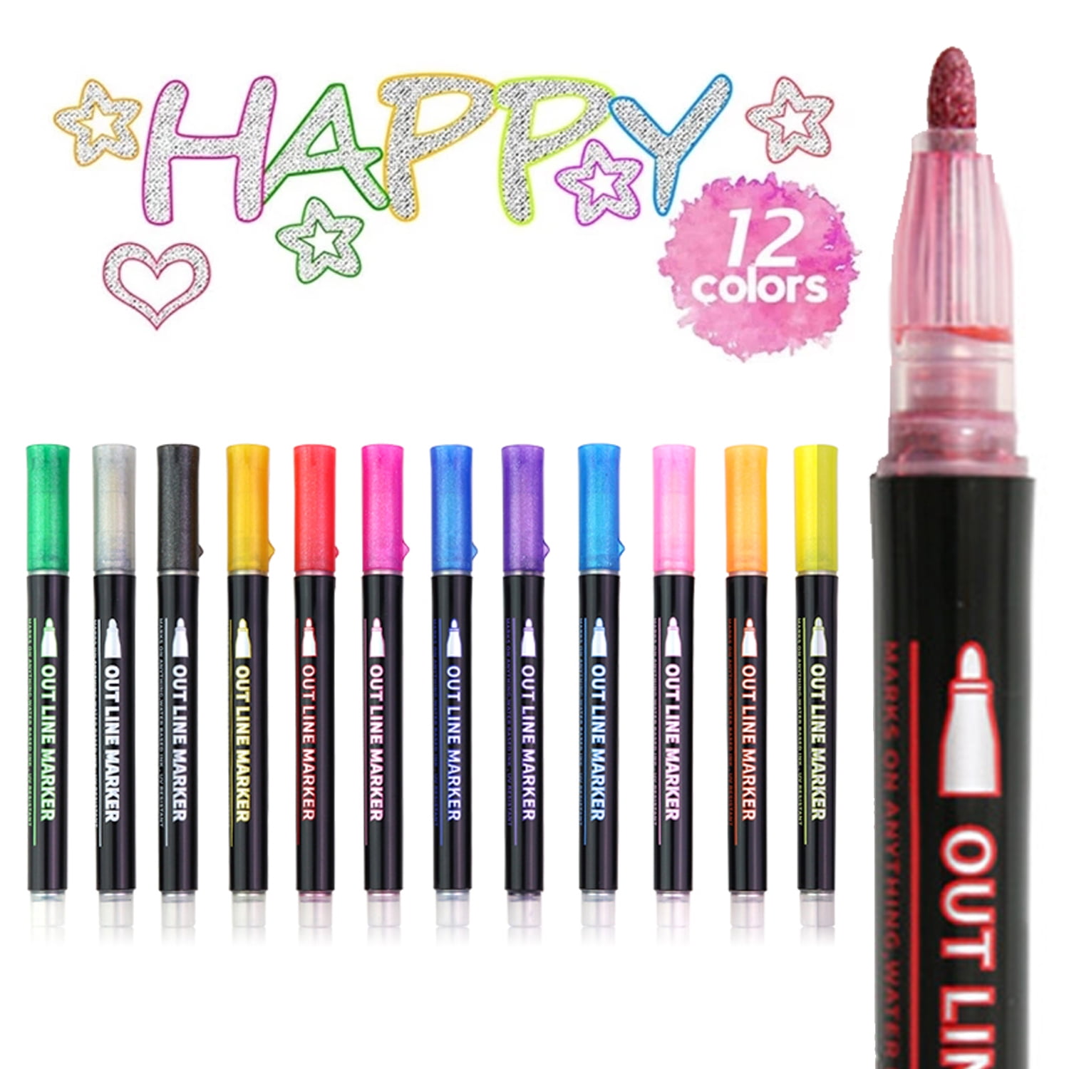 12 Colors Glitter Marker Pens Set Paint Pens for Black Paper Y1K6