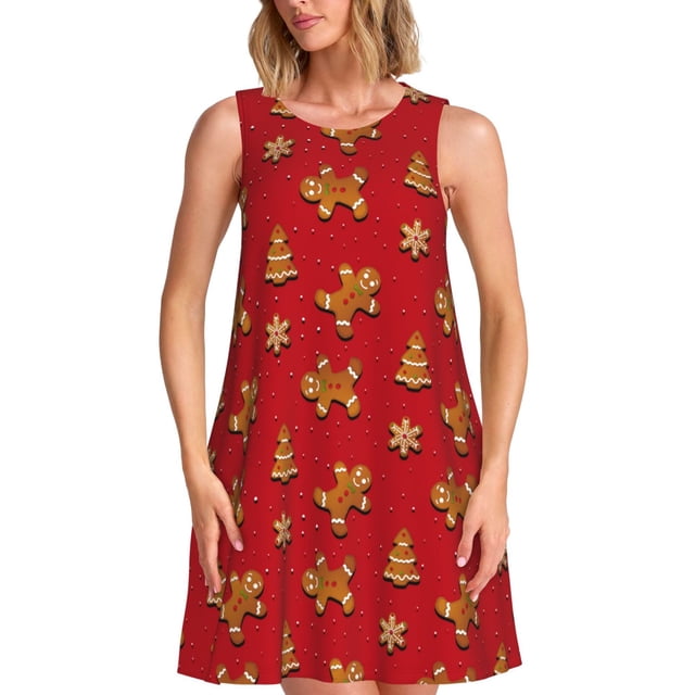 Fotbe Gingerbread Man Vestido de Verano sin Mangas para Mujer – Vestido Midi Línea A, Estilo Camiseta Floral, Vestido Playero Casual y Fluido