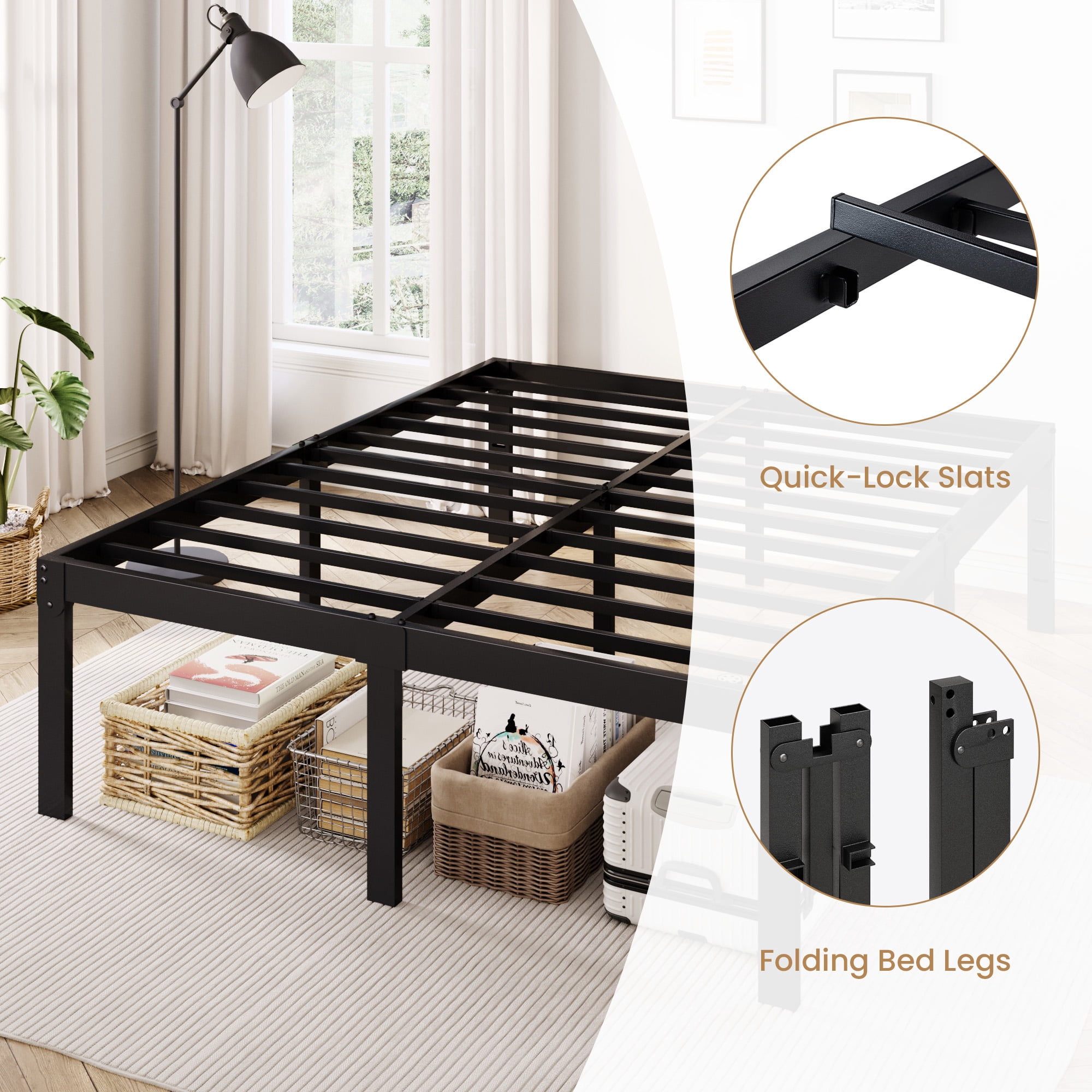 Merrland Queen Size Metal Bed Frame, 18" Platform Bed with Large Under-Bed Storage Space, Noise-Free, Easy Assembly, Black