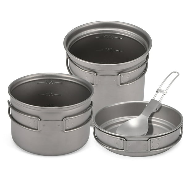 Camping Titanium Cookware Set 1000ml 750ml Pot Pan Spoon Set for