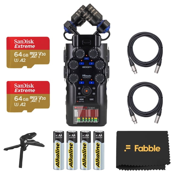 Zoom H6studio Handy Recorder Bundle with 2× 64GB microSDXC Cards, 2× 10ft XLR Cables, 4× AA Batteries, and Table Tripod Hand Grip for Professional Portable Recording Setups