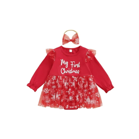 Miaouyo 0-18 Months Infant Baby Girl Christmas Romper Dress Crew Neck Long Sleeve Tutu Dresses Bodysuit with Bow Headband