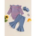 thumbnail image 5 of Jxzom Newborn Baby Girl Fall Winter Clothes 0 3 6 12 18 Months Flying Sleeve Striped Ribbed Romper Bell Bottom Flare Pants Headband Outfits Set, 5 of 8