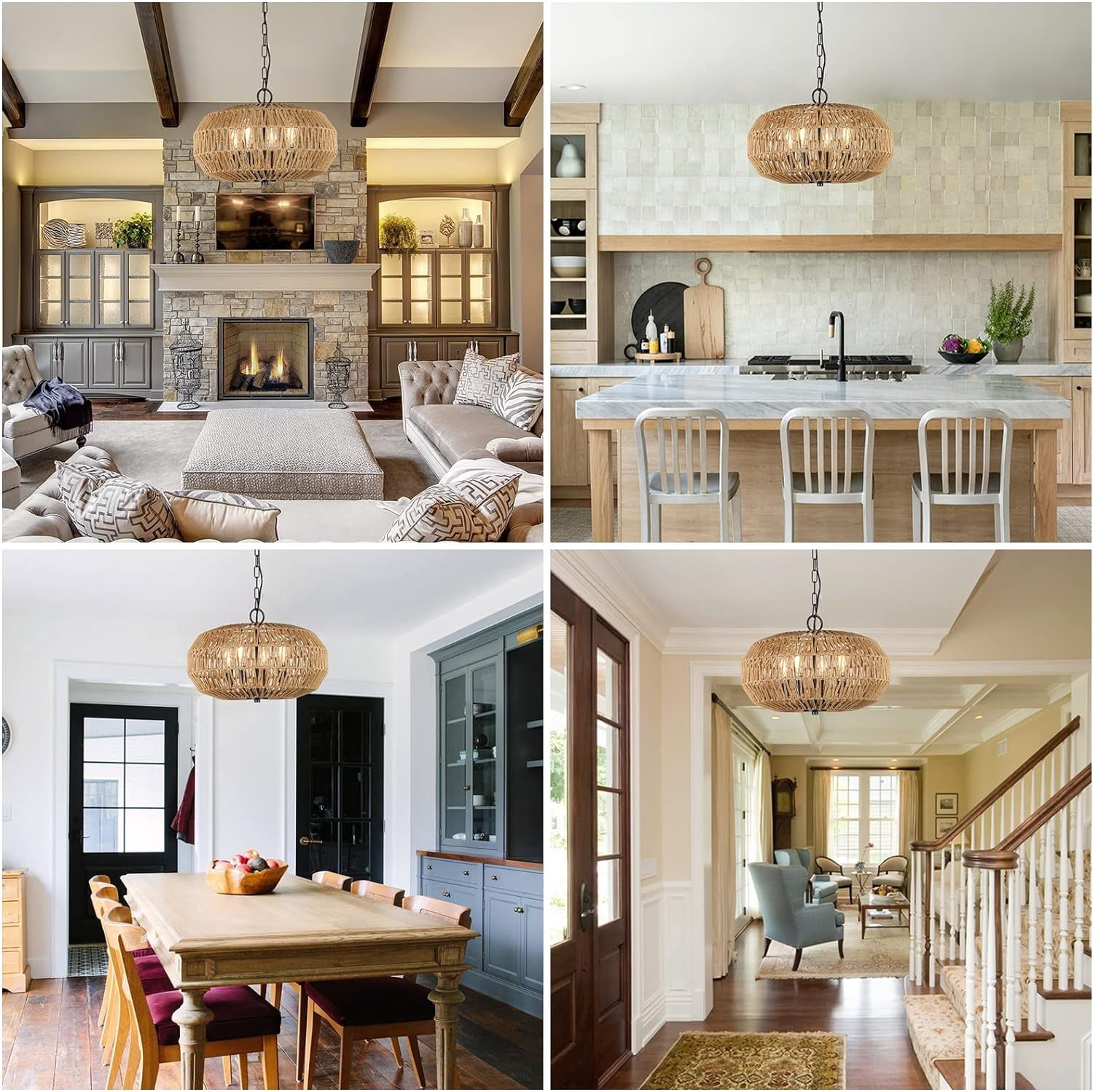 Newest 16” Boho 4-Light Rattan Pendant Light, Hand-Woven Basket Chandelier, Height Adjustable