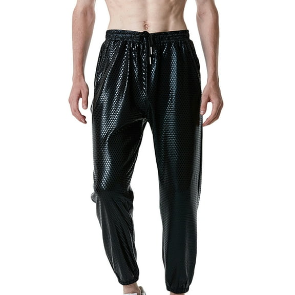 Wyobmus Sparkly Metallic Pants for Men Drawstring Waist Nightclub Argyle Gilding Sequin Joggers Black