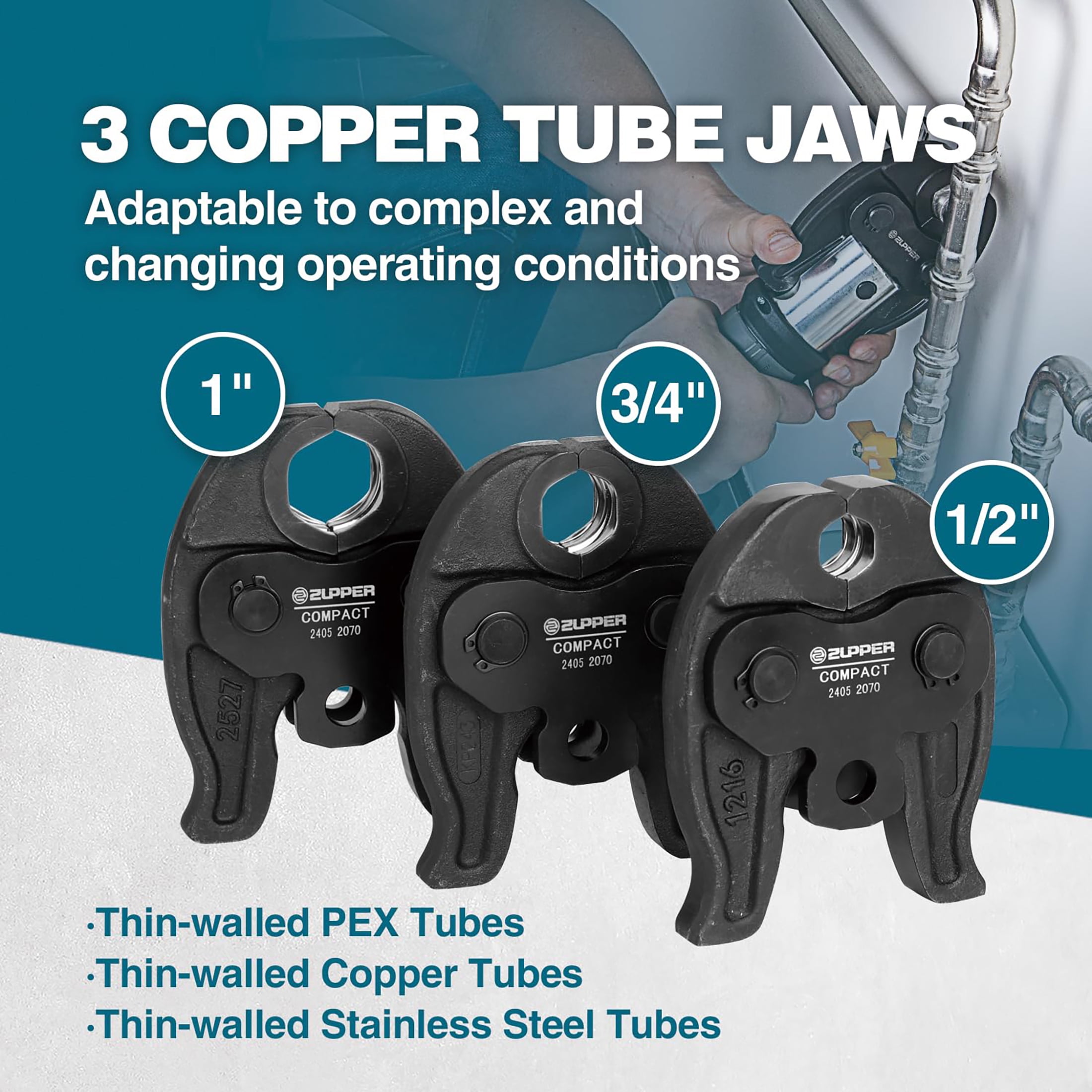 ZUPPER Compact Press Tool Kit with 1/2", 3/4", 1" ProPress Jaws for Copper Pipes, 2pcs Battery, Fast Charger & Carrying Case