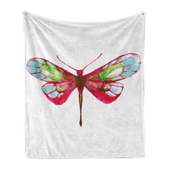 Dragonfly Soft Flannel Fleece Throw Blanket, Vivid Spring Time Inspired Moth Abstract Grunge Watercolor Design, Cozy Plush for Indoor and Outdoor Use, 50" x 70", Hot Pink Green and Blue, by Ambesonne