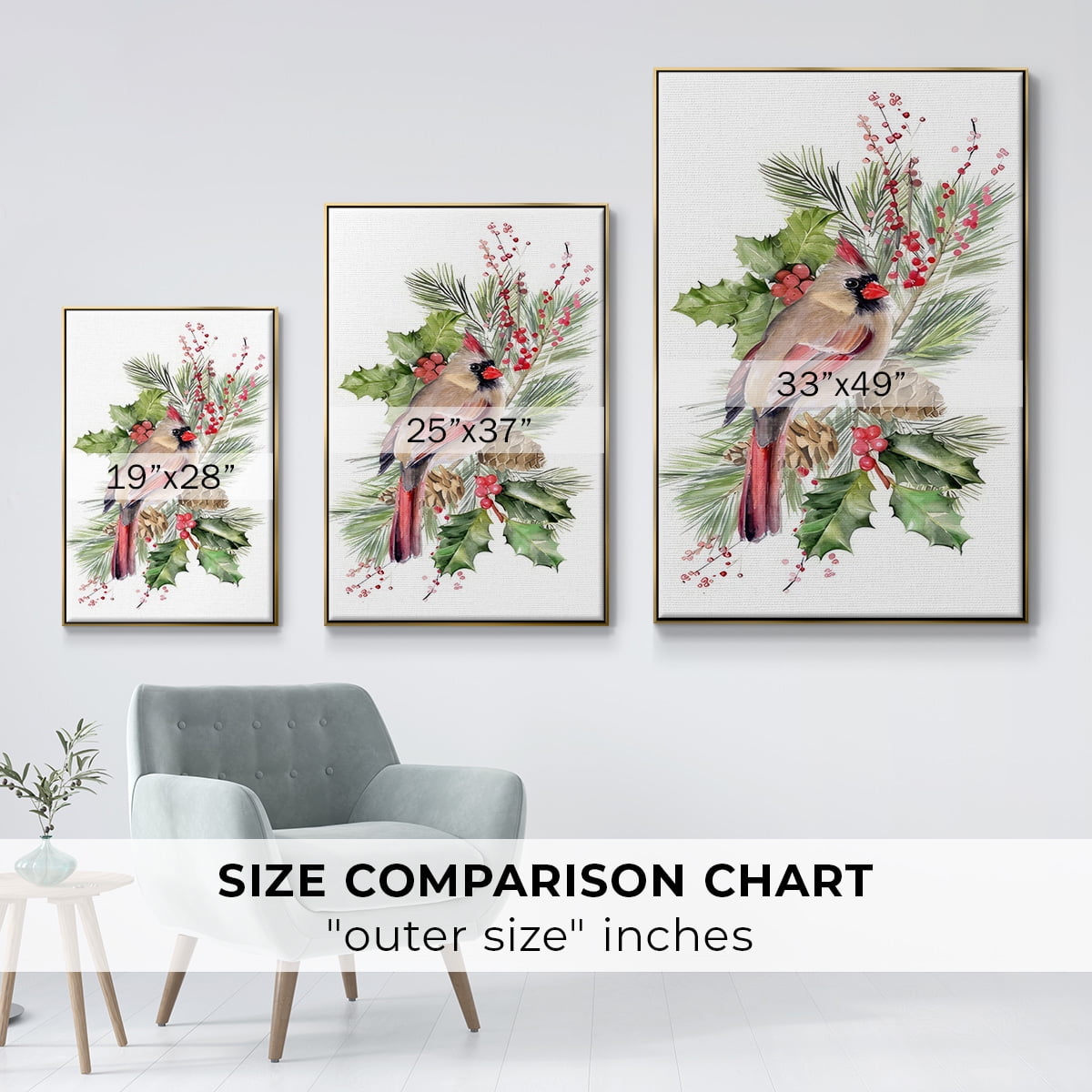 Cardinal Holly Christmas Collection B - Framed Gallery Wrapped Holiday Canvas - 17 x 25 - Gold Frame