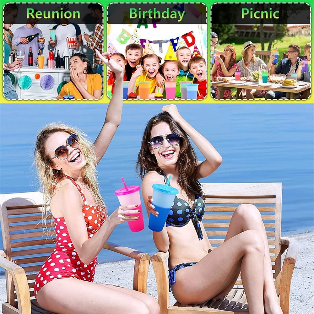 Color Changing Cups with Lids and Straws for Adults - 5 x 24oz Reusable Cups with Lids and Straws, Bulk Plastic Cups with Lids and Straws for Kids Women, Cold Iced Coffee Cups & Water Party Tumbler