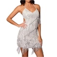 thumbnail image 2 of Voncos Women Sequin Fringe Mini Dresses Clearance- Sparkly V Neck Tassel Sling Hem Party Dresses White Size XS, 2 of 7