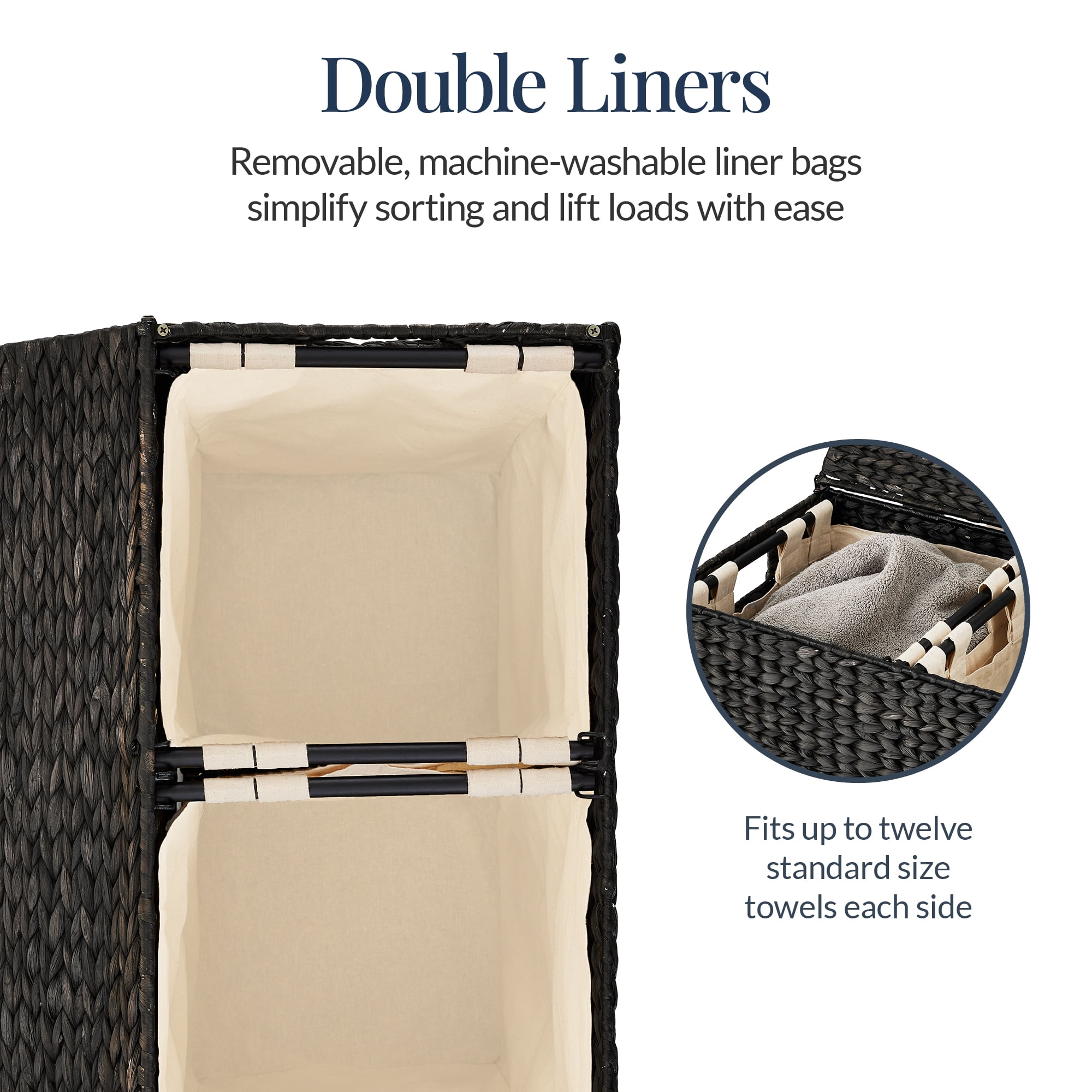 Best Choice Products Large Natural Water Hyacinth Double Laundry Hamper Basket w/ 2 Liner Bags, Handles - Black