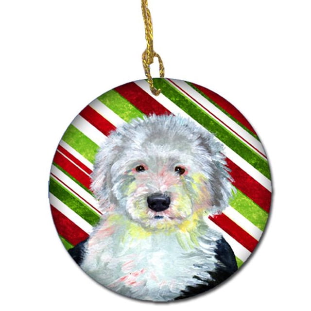 Old English Sheepdog Candy Cane Holiday Christmas Ceramic Ornament