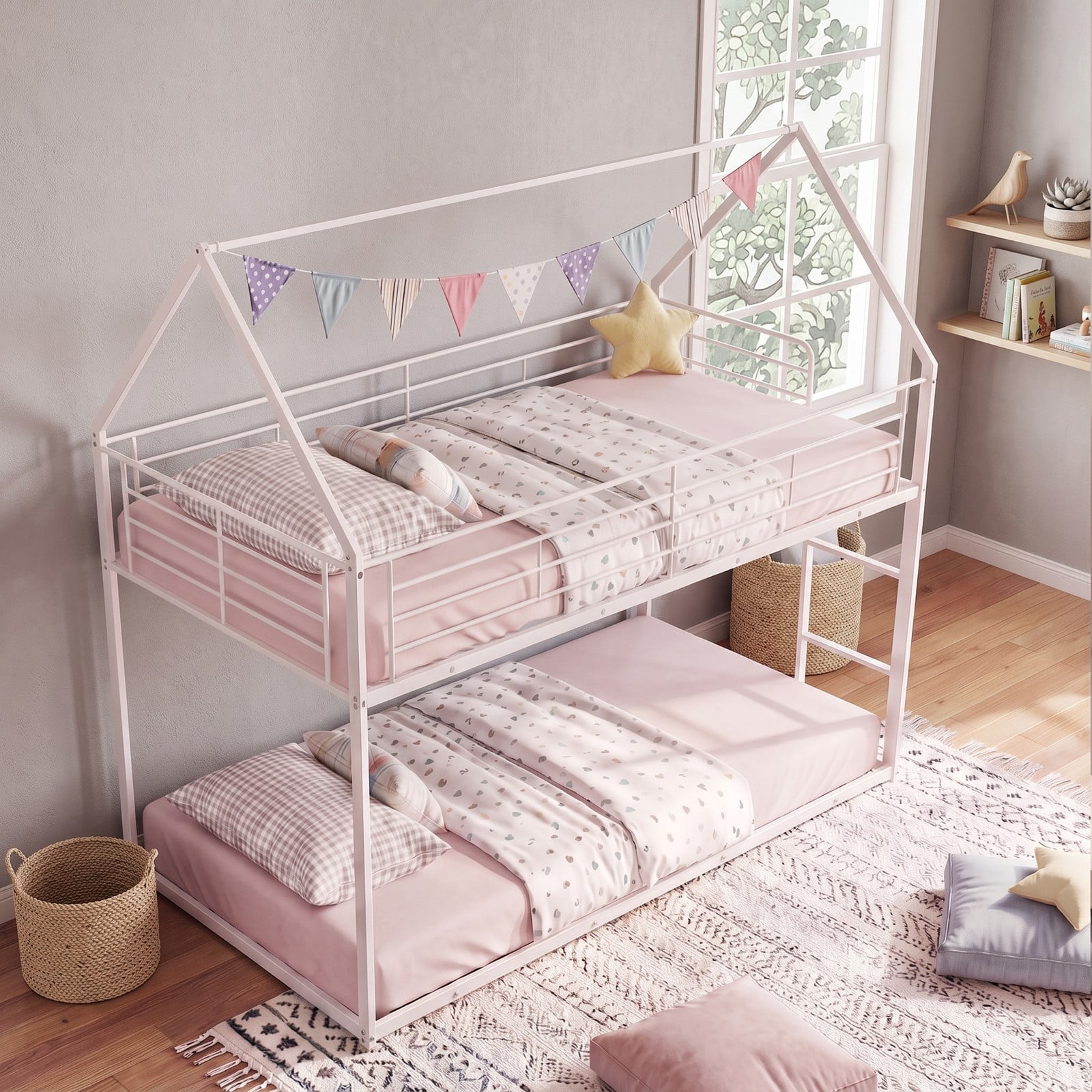 Furnibear Twin Over Twin Metal House Bunk Bed with Roof Ladder and Full-length Guardrails for Kids and Shared Rooms, White