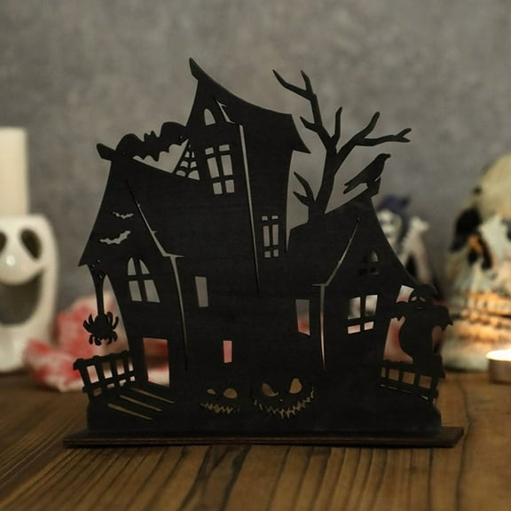 Halloween Wooden Ornaments Decorations Wooden Silhouette Sketch Haunted House Desktop Decoration Halloween Theme
