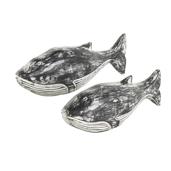 13", 11"W White Wood Distressed Whale Sculpture, by DecMode (2 Count)