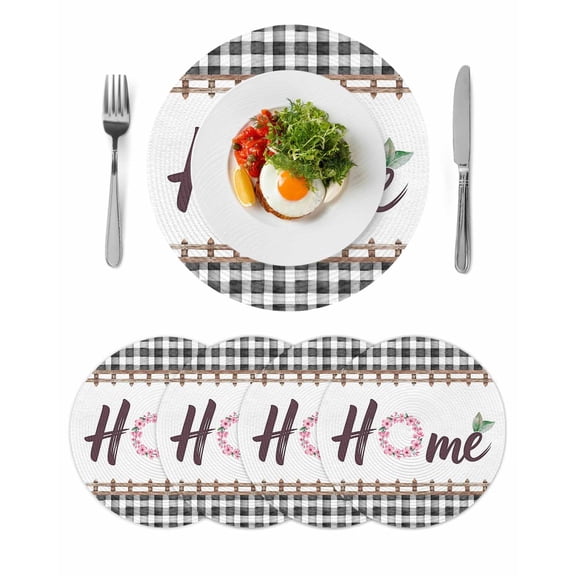 Spring Flowers Round 15 Inch Placemats Set of 4, Watercolor Floral Leaf Black Plaid HeatResistant Non Slip Place Mats for Dining Table, Wipeable Braided Kitchen Table Mats for Housewarming