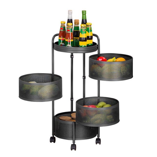 TFixol Rotating 4-Tier Kitchen Storage Rack with Magnetic Closure, Detachable Multi-Functional Round Stand for Fruits, Vegetables, and Snacks, Movable Floor Shelf with Handles, Black or White