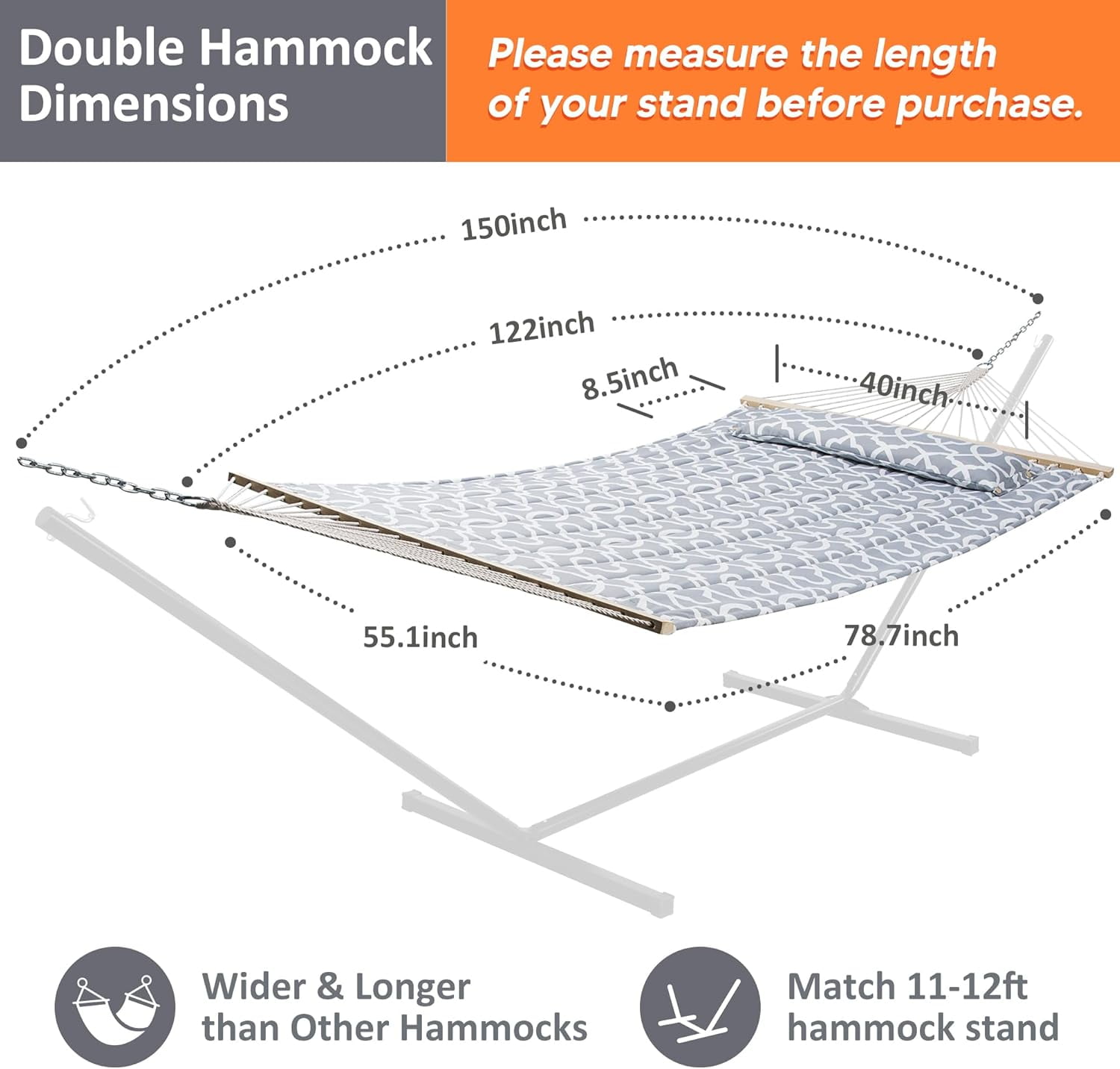 SUNCREAT Double Quilted Hammock, Heavy Duty 2 Person Hammock for Indoor, Outdoor, 78.7"L x 59.1"W,Grey Pattern（Stand is Not Include）