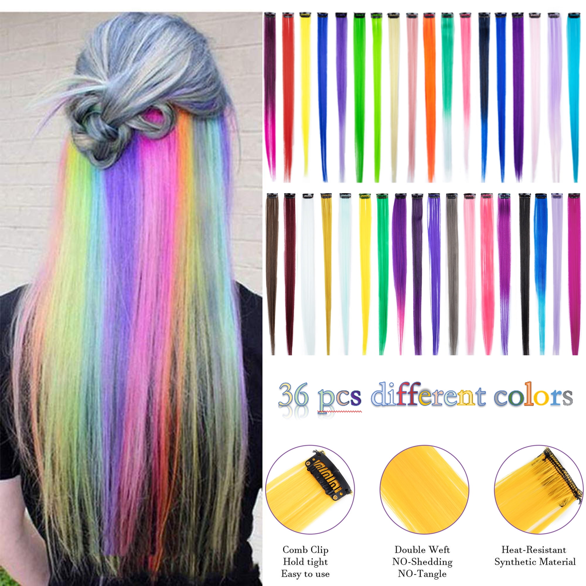 36 Pieces Party Highlights Clip in Colored Hair Extensions Colorful Hair Extensions 22 inches Straight Synthetic Hairpieces(27 Pure Color & 9 Gradient Color)