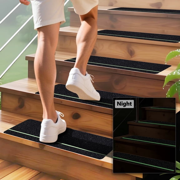YDmeet 12 pack 6"x24" Glow Stair Treads - Waterproof Peel & Stick, Wide Anti-Slip Tape for Outdoor Steps, Black