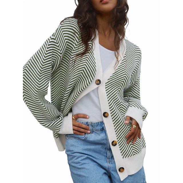 Cardigans Décontractés pour Femmes à devant Ouvert, Manches Longues, Tricot Épais Rayé, Chandails, Manteaux, Vert G
