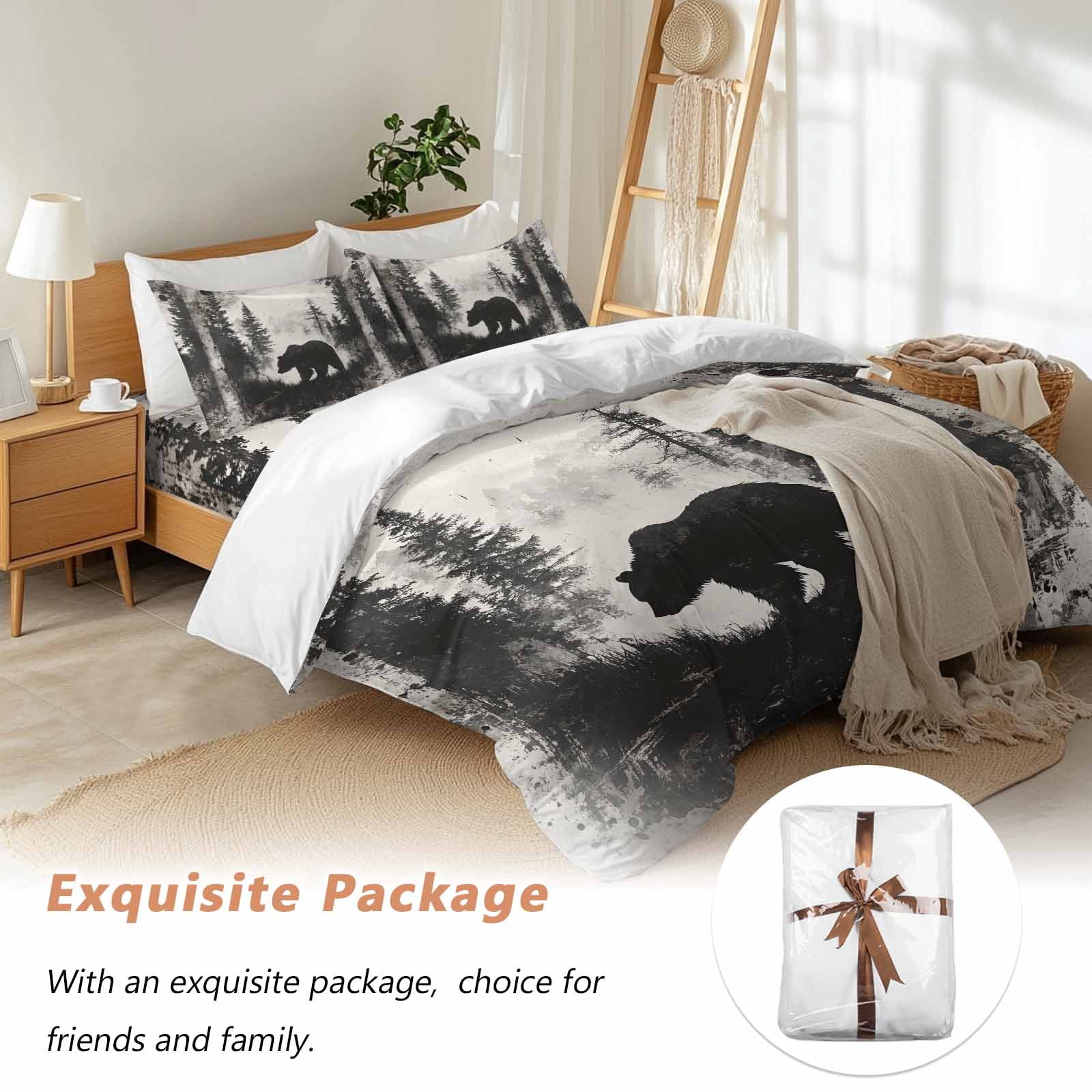 Brown Bear Bedding Duvet Cover Set Queen Size 4 Pieces Black Bear Forest Animal Modern Art Retro Bedding Set with Zipper Closure, 1 Comforter Cover 90x92 Inches 1 Flat Sheet & 2 Pillow Cases
