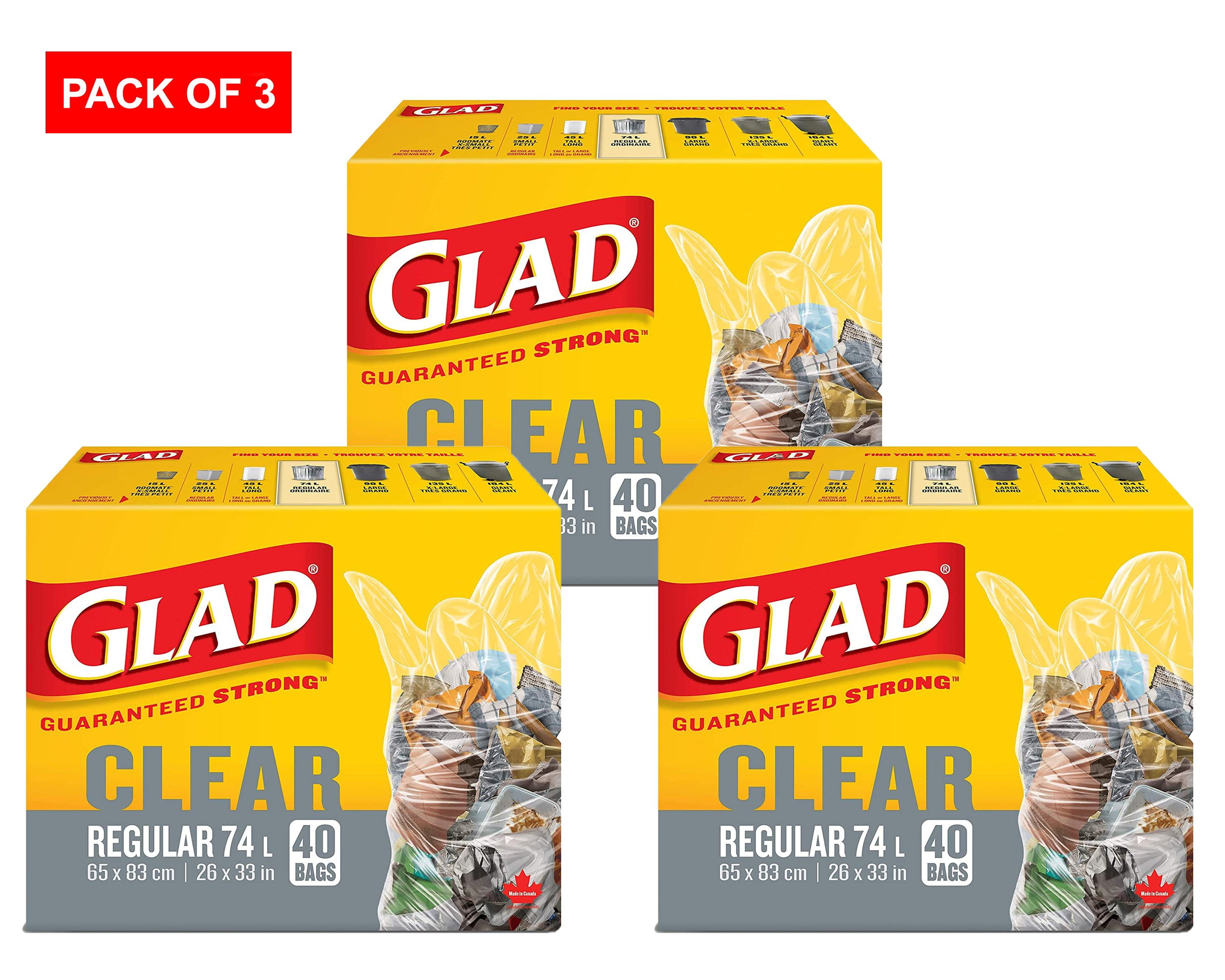 Glad clear garbage Bags regular 74 litres, Unscented, Trash Bags, 40