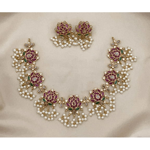 Gold-Plated Lotus Choker Necklace & Earrings Set with Pearls – Traditional Indian Jewelry for Women