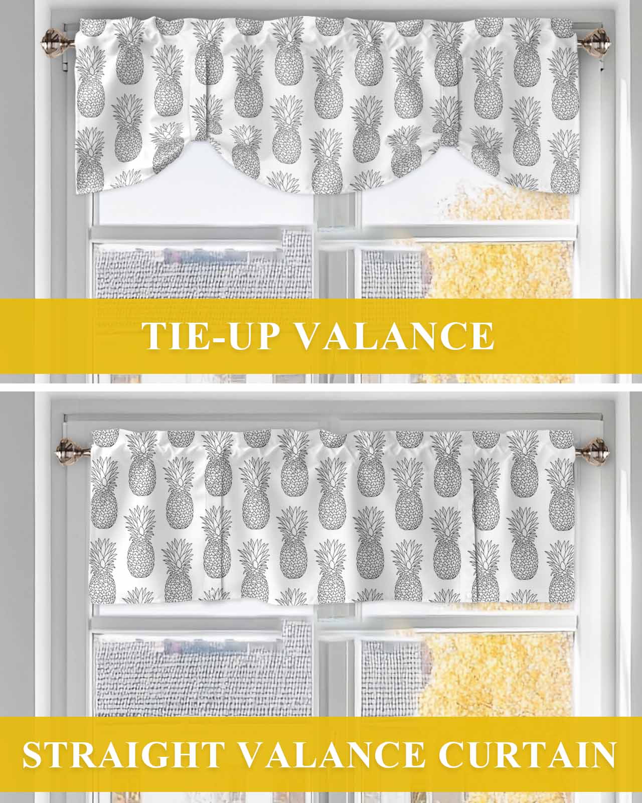 Gray Pineapple Tie Up Valances Curtain, Adjustable Kitchen Simple Cartoon Fruit Valances for Windows Decor, Rod Pocket Short Curtains Set for Bedroom/Bathroom, 60"x18"