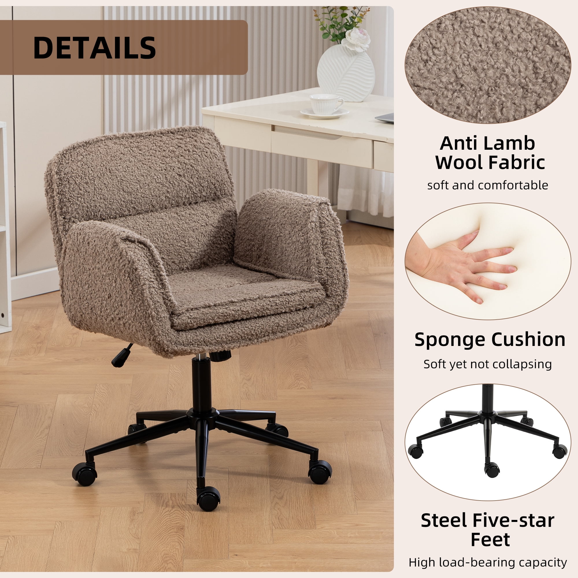 Jopath Criss Cross Chair with 5-Gear Adjustable Armrests and Wheels, Ergonomic Thickened Backrest Swivel Desk Chair for Home Office Vanity Bedroom and Living Room Brown Teddy Fleece