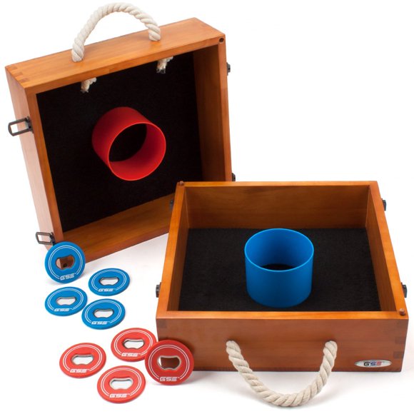 GSE Quality Outdoor Solid Wood Washer Toss Game Set, Set of 8 Replacement Washers with Bottle Opener for Washer Toss Pitching Lawn Game - Oak