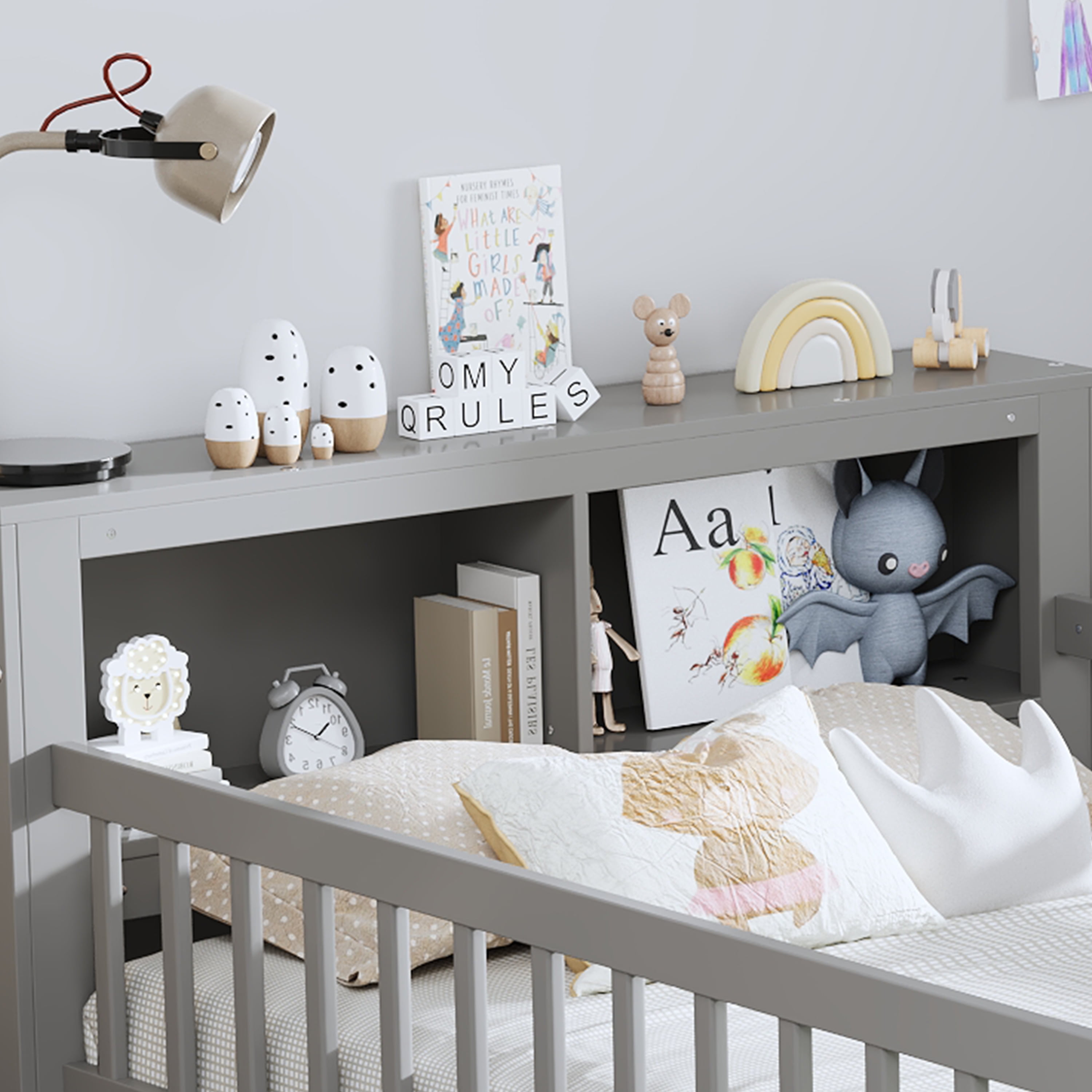 Euroco Wood Twin Size Platform Bed with Storage Headboard and Drawers, Low Profile Bed with Guardrails for Kids and Toddlers, Gray