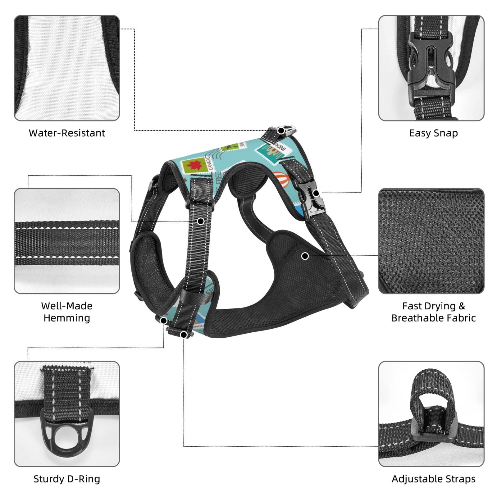 Fuzoiu World Travel1 Print Reflective Dog Harness,Adjustable, Breathable Pet Vest,Dog Harness No Pull,No Choke Pet Vest for Small, Medium, and Large Dogs-Small