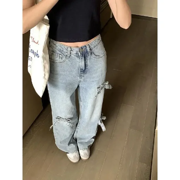 Pantalones vaqueros Vintage coreanos para mujer, pantalones de pierna ancha con lazo dulce, cintura alta, Y2k, Jeans rectos sueltos, ropa de calle elegante, azul claro