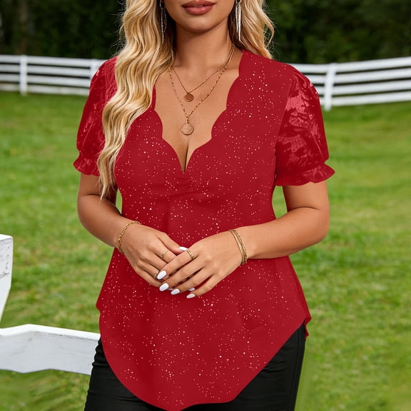 Xdegoge Lace Blouses for Women Scalloped V Neck Short Puff Sleeve Dressy Going Out Slim Fit Dotted Print Lightweight Flowy Elegant Spring Summer Tops