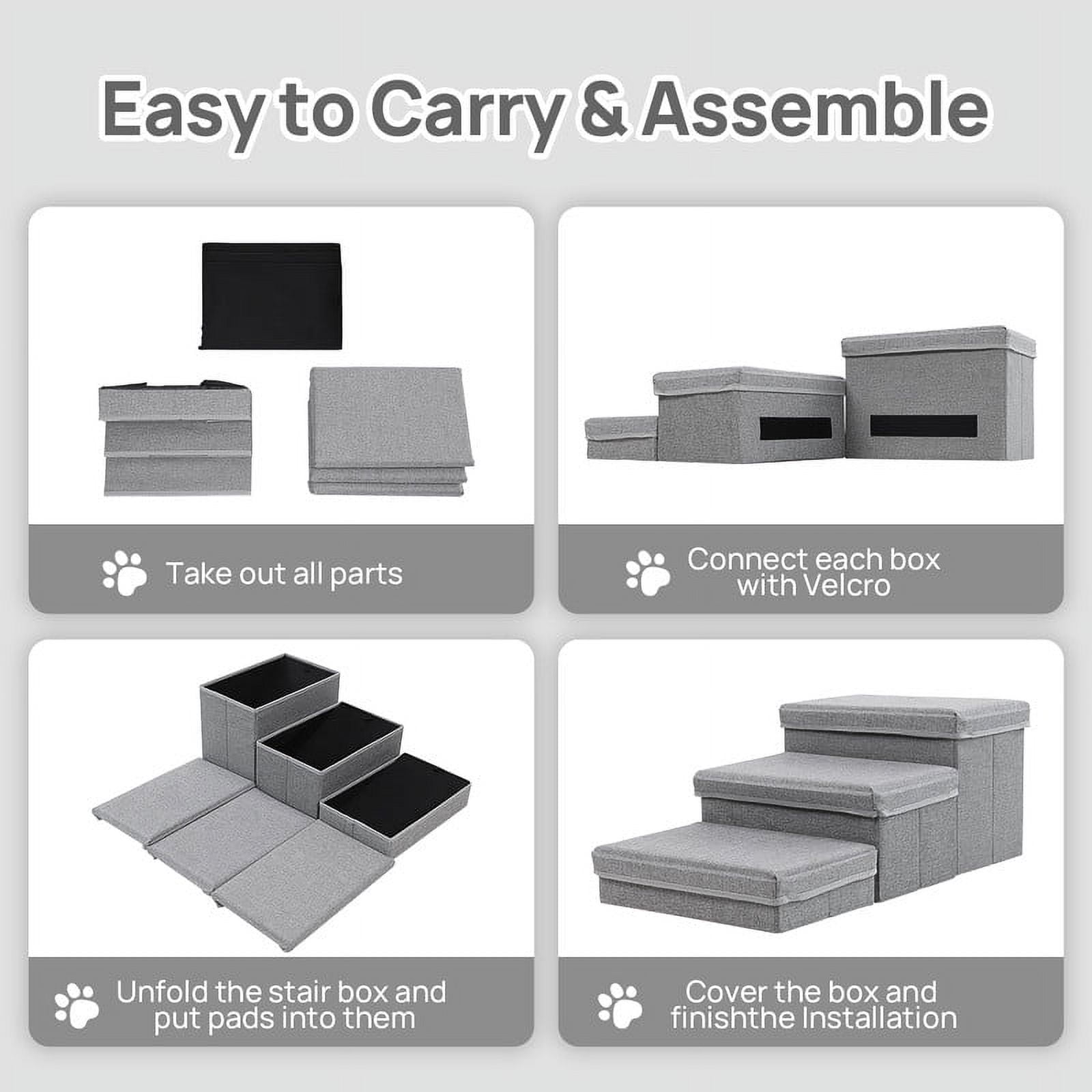Walnest Pet Stairs 3-Step Dog Step Stairs Pet Ladder Cover Removable Comfortable Dog Ramp with Storage Boxes,Folding Dog Ramp Stairs for Beds Couches,Gray