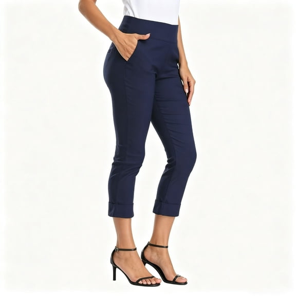 Women's Soft Stretchy Straight Leg Pants with Elastic Mid Waistband and Pockets, Casual Work Lounge Business Travel Pants, Womens | VerBelle,Navy L