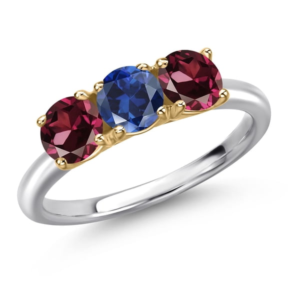 Gem Stone King 925 Silver and 10K Yellow Gold Blue Created Sapphire and Red Rhodolite Garnet Engagement Ring for Women | 1.80 Cttw | Round 5MM | Gemstone September Birthstone | Size 8